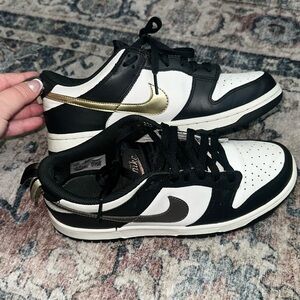 Nike Black and White Dunks with Metallic Gold & Silver Swoosh